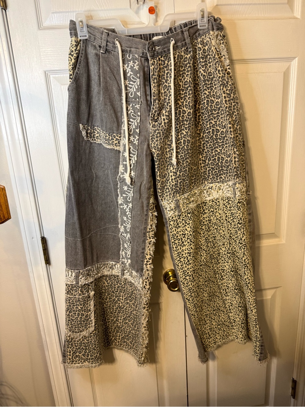 POL Women’s Patchwork Cargo Pants - Gray & Cream Leopard - Picture 1 of 5